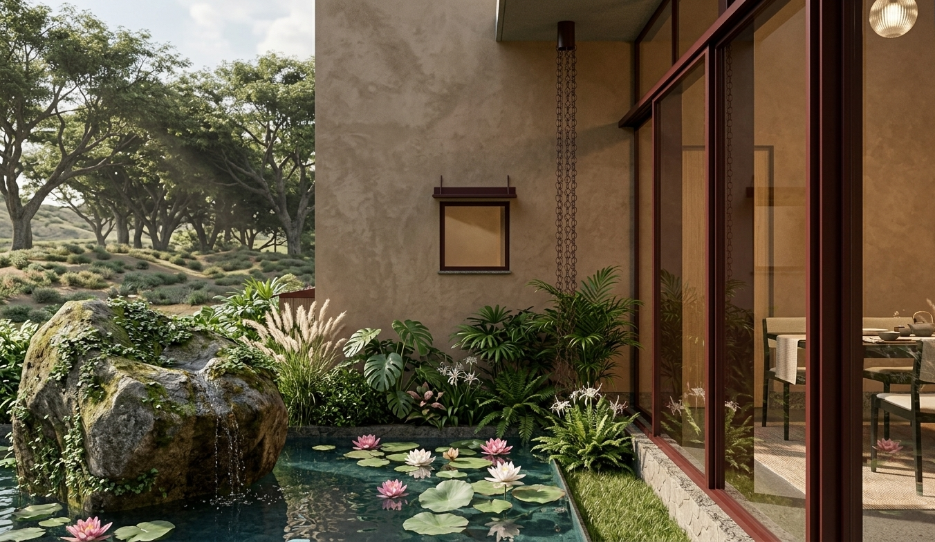 A view of a modern house with large glass sliding doors opening to a garden with a pond, water features, tropical plants, lilies, and a large moss-covered rock, with outdoor trees and landscape in the background.