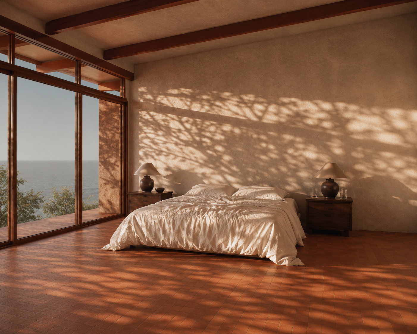 A bedroom with a large window showing a view of trees and the ocean, a bed with white rumpled bedding, two wooden nightstands with lamps, and shadows from tree branches cast on the wall.