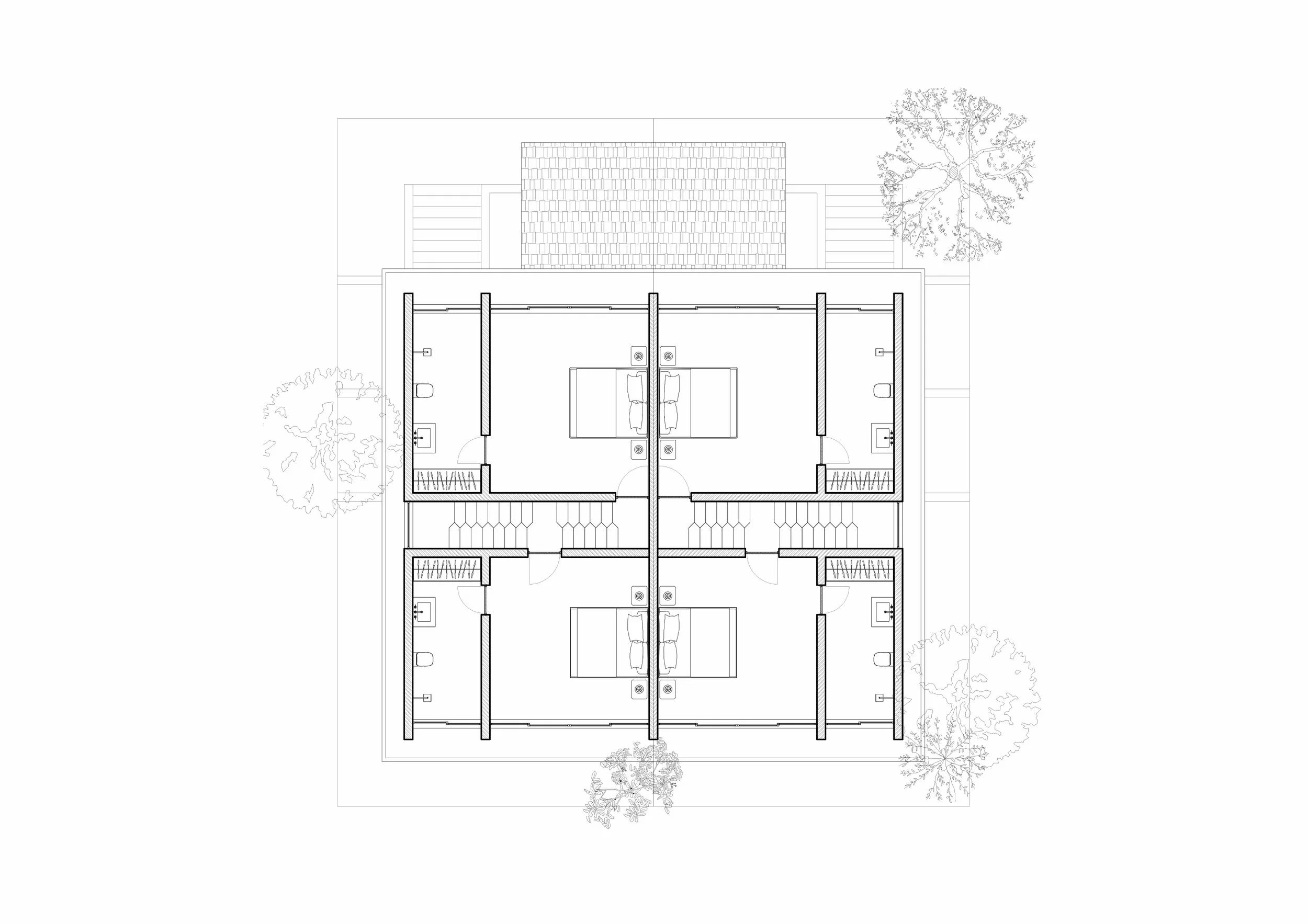 Architectural blueprint of a multi-room building with detailed interior layouts, surrounded by trees.