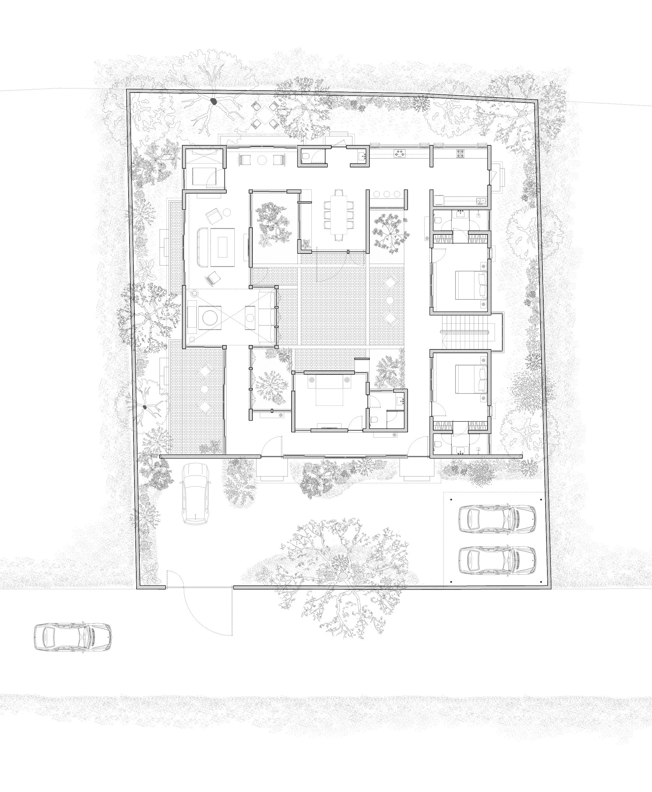 Architectural blueprint of a single-family house with surrounding yard and driveway, showing interior rooms and outdoor spaces.