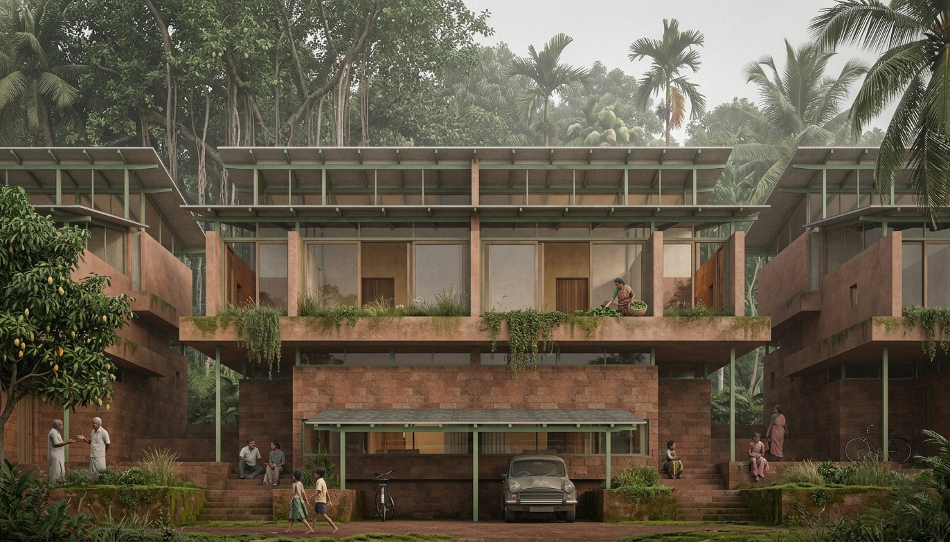 A multi-story modern house with lush greenery and tropical plants surrounding it, with people and children socializing outside.