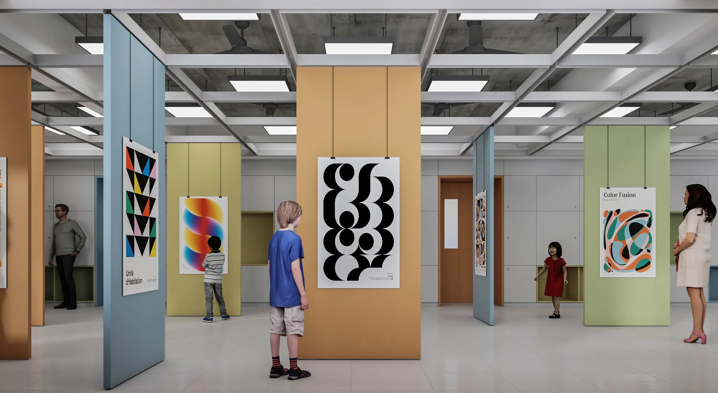 People viewing abstract colorful art posters in a modern gallery with pastel-colored walls and ceiling lights.