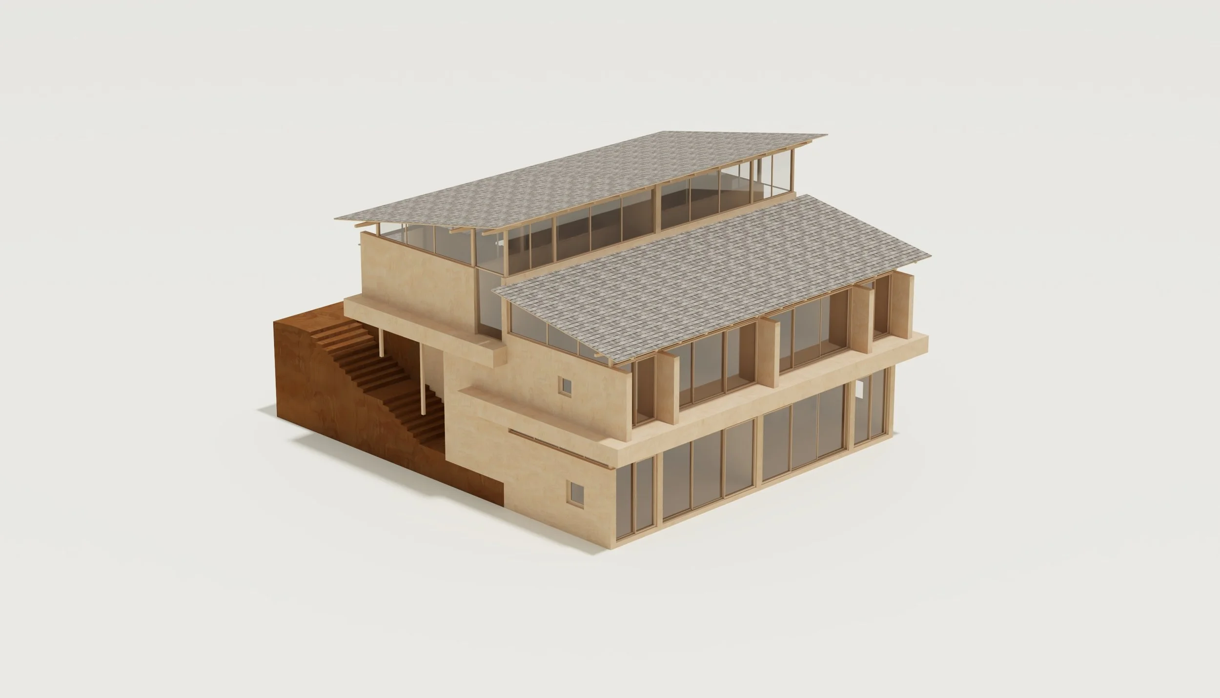 A modern multi-story house with large glass windows, sloped roofs, and a mix of concrete and wooden exterior walls. The house features a staircase on the side leading up to an upper level.
