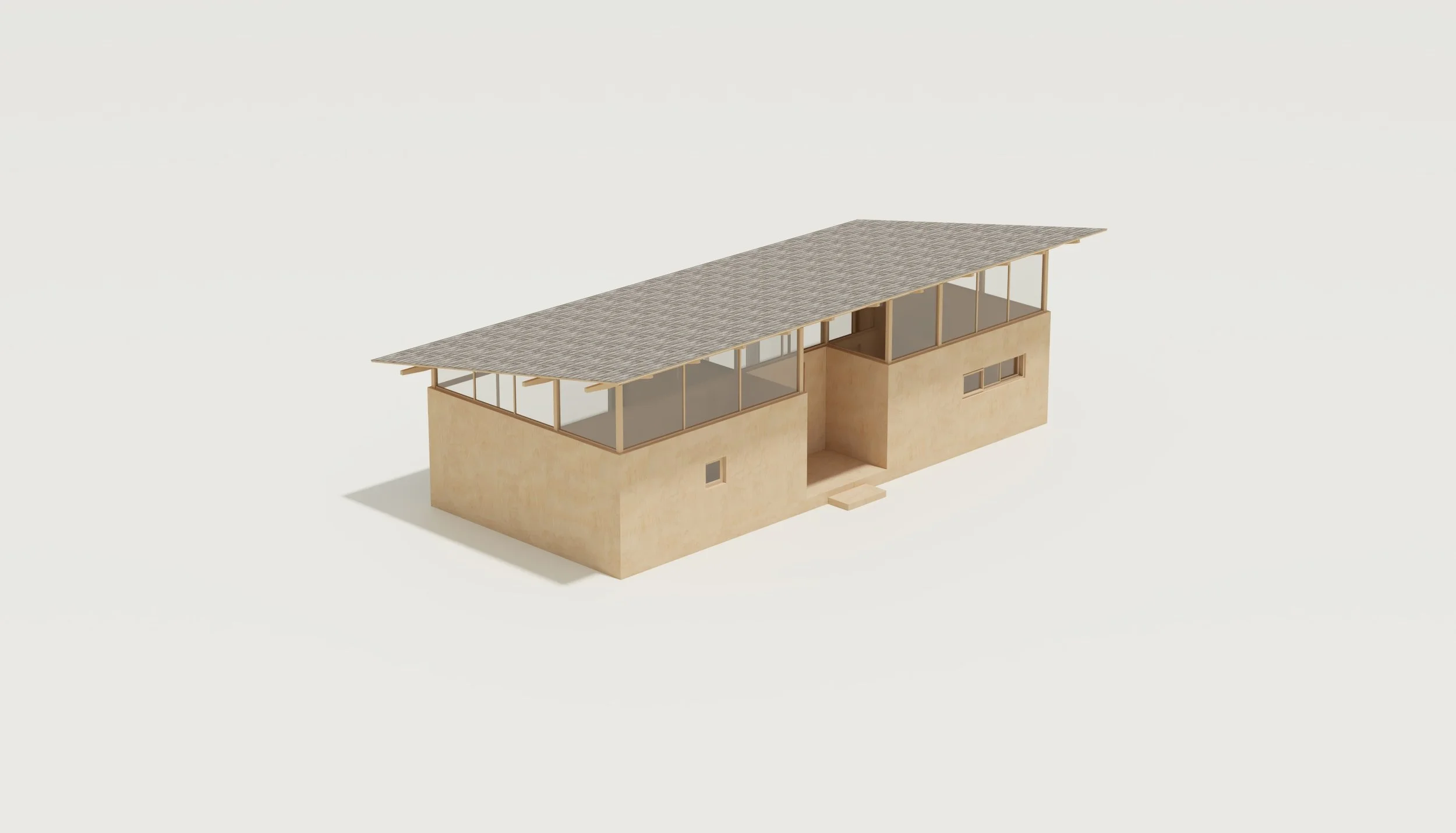 A 3D model of a modern house with a flat roof, large glass windows, and beige exterior walls, set against a plain white background.