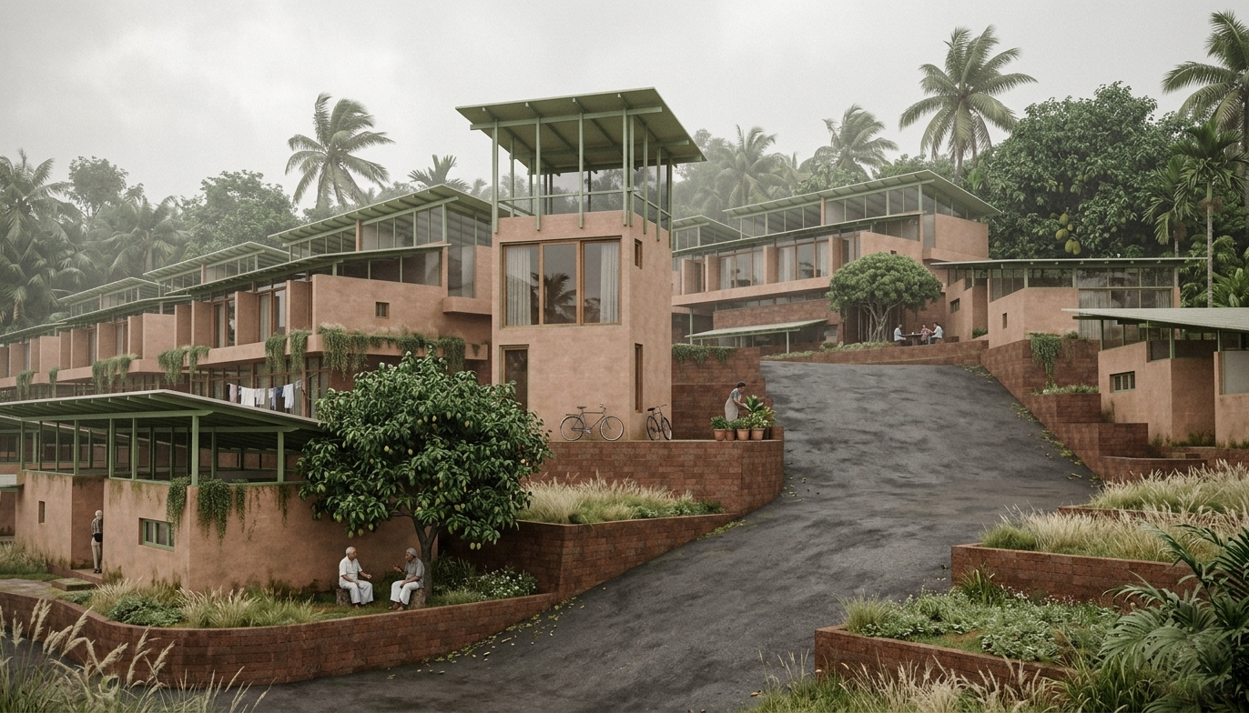 Hillside residential complex with multiple modern, terracotta-colored buildings surrounded by lush greenery and palm trees, with a sloped driveway, bicycles, and people sitting and walking outside.