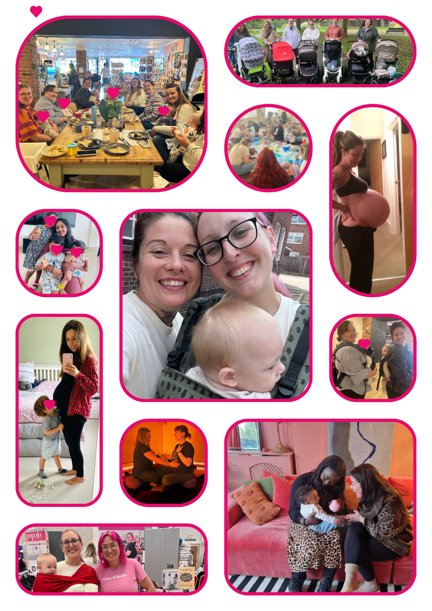 Collage of photos featuring women, children, and families in various settings, including outdoor, indoor, and social gatherings, with some pregnant women.