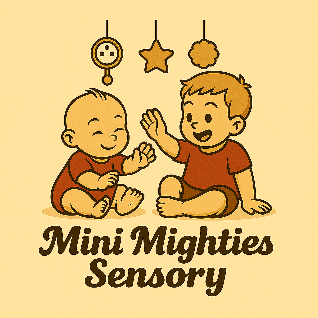 Cartoon of two smiling babies sitting on the floor, playing with sensory toys hanging above them, with the text "Mini Mighties Sensory" beneath them.
