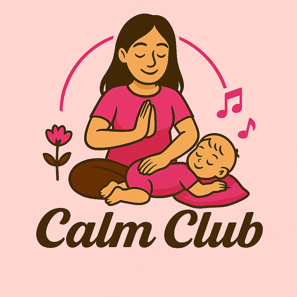 Illustration of a woman and a child practicing meditation with a pink background, a flower, and musical notes, with the text "Calm Club" underneath.
