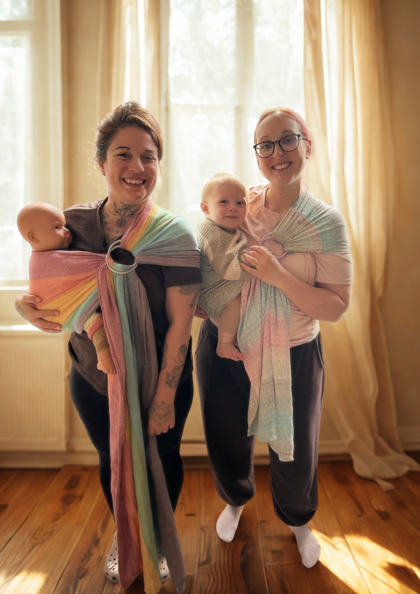 Two women smiling, each holding a baby and using rainbow-colored baby wraps to carry them. The women are standing on a wooden floor in front of a window with beige curtains, with sunlight streaming in.