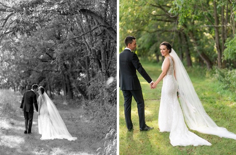 Side-by-side comparison of a wedding photo: on the left, a black and white image of a bride and groom holding hands and walking in a wooded area; on the right, a color image of the same couple holding hands and smiling in a grassy park with trees, th