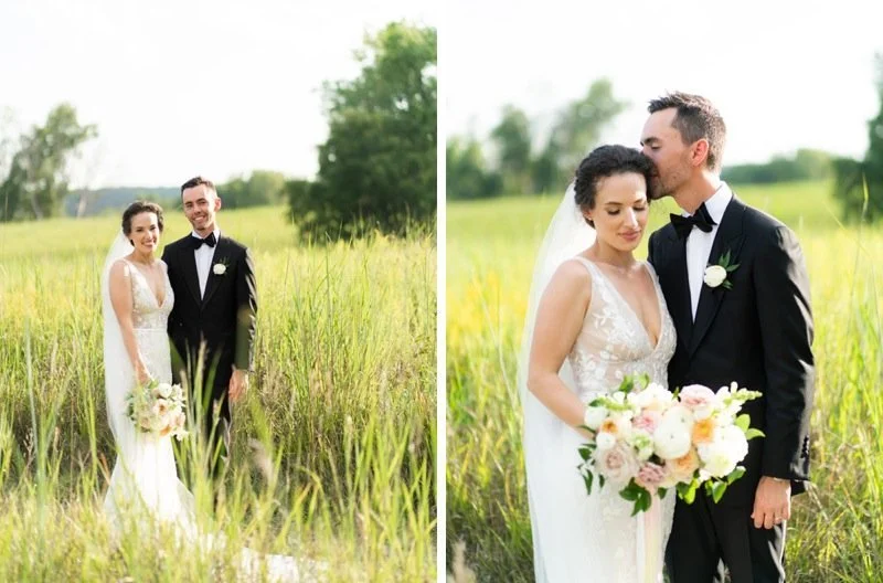 A bride and groom on their wedding day in a grassy field, smiling in the first photo and sharing a kiss in the second, with greenery in the background.