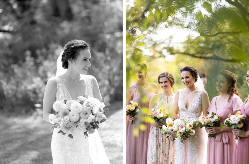 Side-by-side of a bride holding a bouquet of flowers, in a black-and-white photo on the left, smiling, and a color photo on the right showing her with bridesmaids in pink dresses outdoors under green trees.