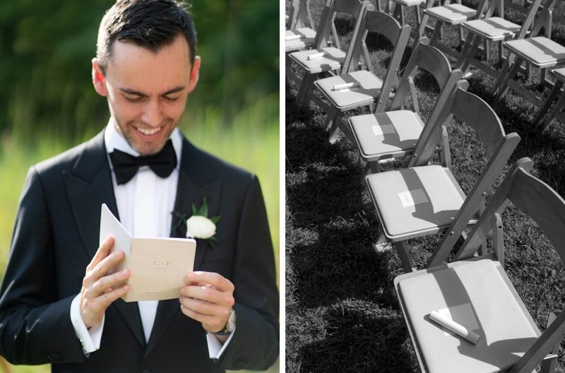 Side-by-side of a smiling groom in a tuxedo reading a note outdoors, and an empty row of chairs with notes on the seats at an outdoor wedding venue.