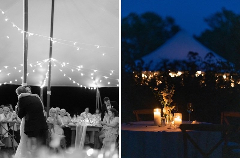Left side: Black and white image of a wedding reception in a tent with string lights, people sitting at tables, and a couple dancing. Right side: Color image of an outdoor dining setup with lit candles, flowers, glassware, and a tent in the backgroun