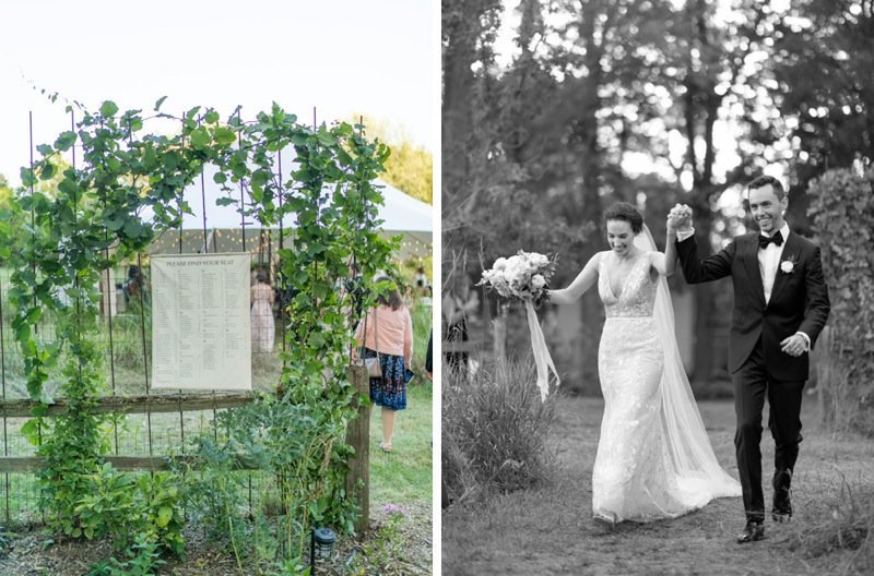 Side-by-side images: Left shows a garden with a sign and climbing plants; right shows a bride and groom walking outdoors, smiling, with the bride holding a bouquet.