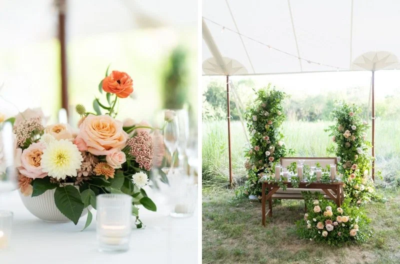 Left side: Elegant floral centerpiece with roses, dahlias, and other flowers on a dining table. Right side: Outdoor wedding setup with floral arch, bench, candles, and greenery.