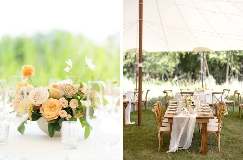 Split view of two outdoor wedding or event decor scenes: on the left, a close-up of a floral centerpiece with roses and greenery; on the right, a reception setup with a long table under a tent with chairs around it.