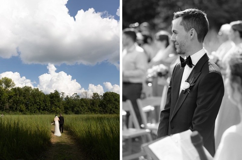 A split image showing a wedding ceremony outdoors with a bride and groom walking down a grassy path under a cloudy sky, and a close-up of a groom in a suit with a bow tie and boutonniere at the wedding ceremony.