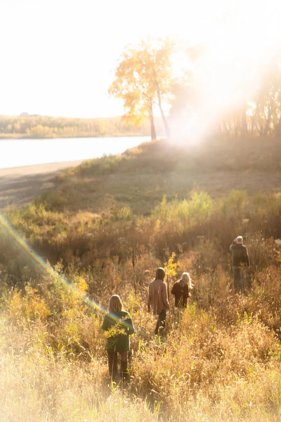 Group of four people walking through tall grass in a field near a lake during sunset, with trees in the background.