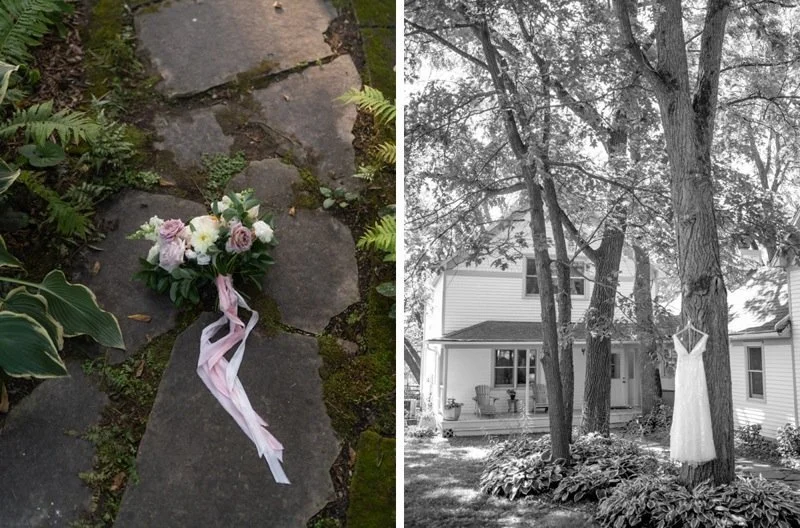 Left side: a bouquet of flowers with pink and white blossoms and green leaves lying on large stone pavers surrounded by greenery. Right side: a black-and-white photo of a house with a porch, several trees with a white dress hanging between two trees 