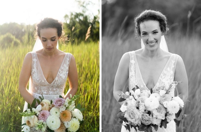 Side-by-side images of a bride outdoors holding a bouquet of flowers, one in color and one in black and white, with a grassy background and trees in the distance.