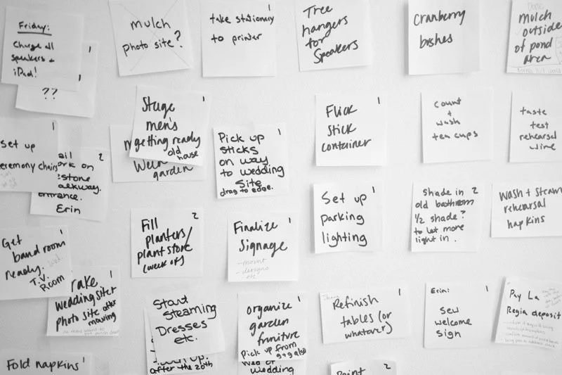 Collection of handwritten notes on white paper discussing preparations for an event or wedding, including setup, decorations, and organization tasks.