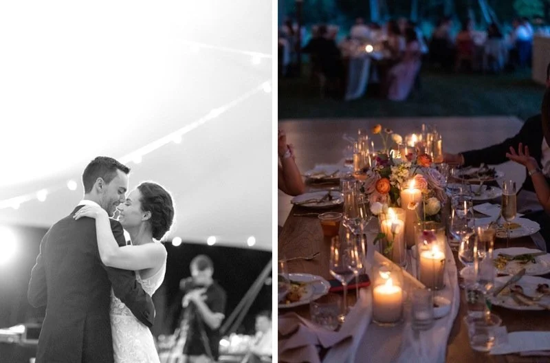 Left side: black-and-white photo of a couple dancing at their wedding, with a blurred photographer in the background. Right side: a color photo of an outdoor dinner table decorated with candles, flowers, and glassware at dusk or evening.