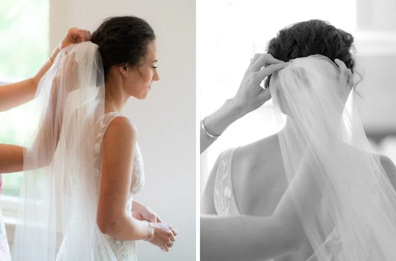 A woman in a wedding dress putting on a veil with assistance, shown in both color and black-and-white versions.