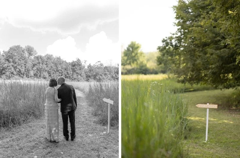 Side-by-side comparison of a black and white photograph and a color photograph of a grassy path with a signpost. In the black and white photo, a couple is walking away down the path; in the color photo, the same scene is shown in color with green gra