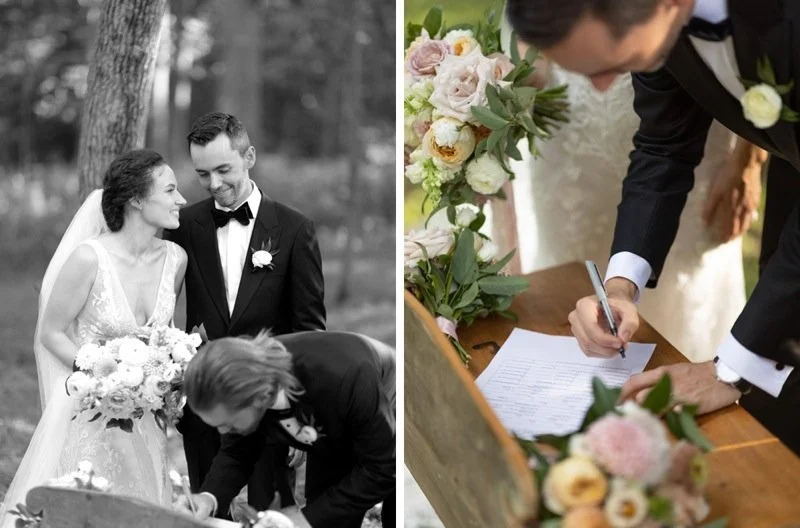 A wedding ceremony with a bride and groom signing wedding documents, surrounded by floral arrangements.