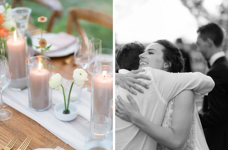 Half of a decorated table with candles and flowers, and another half showing a joyful woman smiling while hugging a man at a wedding.