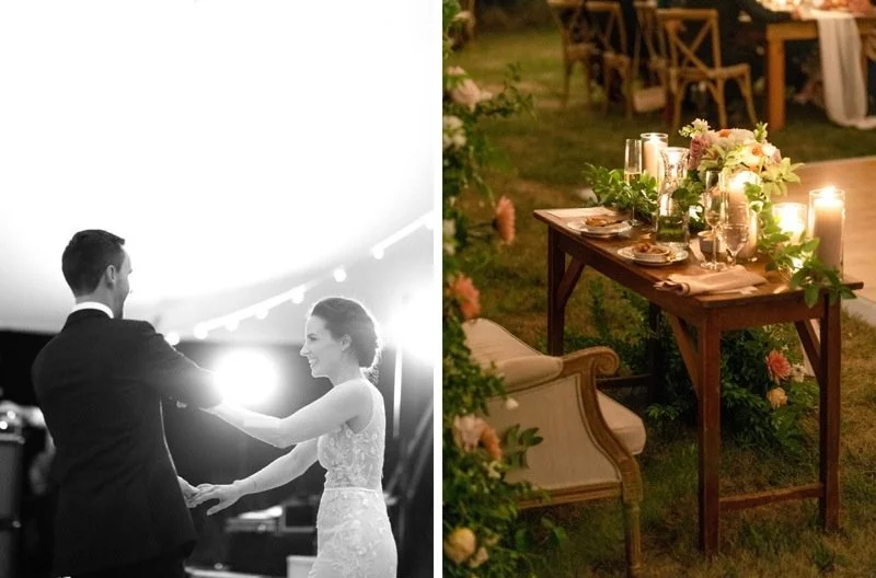 Left side shows a black and white photo of a couple dancing at a wedding reception, with the groom in a tuxedo and the bride in a lace wedding dress. Right side shows a beautifully set outdoor dining table with candles, flowers, and place settings fo