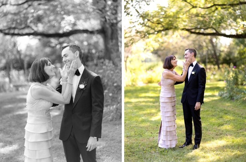 A woman and man in wedding attire sharing a tender moment outdoors, with the woman adjusting the man's face, in color on the right and black and white on the left.