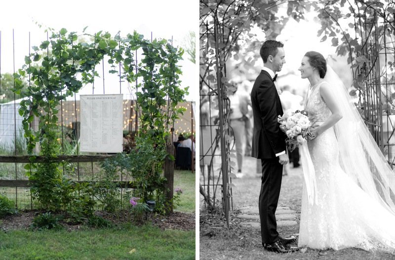 Side-by-side images of a wedding scene. The left image shows an outdoor garden with a leafy archway decorated with vines and fairy lights, with a wedding seating chart hanging in the center. The right image, in black and white, features a bride and g