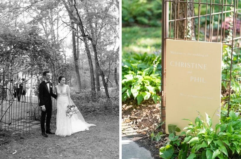 Side-by-side photos of a wedding scene. Left: a bride and groom in wedding attire walking through a wooded outdoor area; the photo is in black and white. Right: a welcoming sign for the wedding of Christine and Phil, placed on a small gate among gree