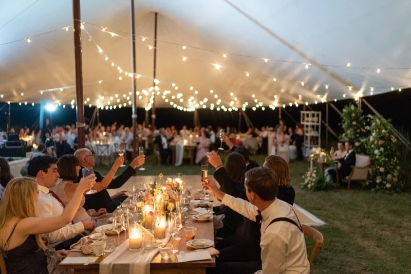 Guests raising glasses in toast at a wedding reception under a canopy decorated with string lights, with a head table and floral arrangements in the background.