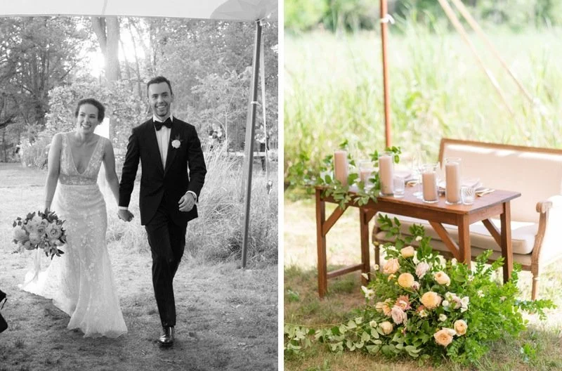 Wedding celebration with bride and groom holding hands and smiling, outdoor setting, wedding decor with candles and flowers.