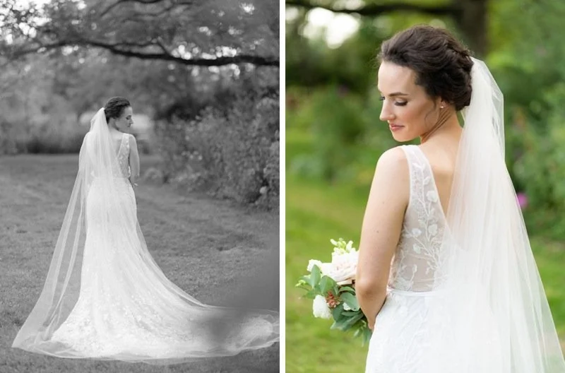 Side-by-side comparison of a bride in a white wedding dress and veil in an outdoor setting, with the left image in black and white showing her from the back, and the right image in color showing her smiling and holding a bouquet, with trees and green