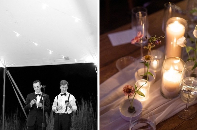 Left side: Two men dressed in tuxedos with bow ties, standing under a tent with string lights, looking at their phones. Right side: Table decorated with candles, flowers in small vases, and glasses, set for a celebration or dinner event.