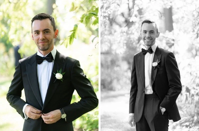A man in a tuxedo with a bow tie and white flower boutonniere outdoors, smiling and adjusting his jacket, with trees in the background. The image is shown in color on the left and in black and white on the right.