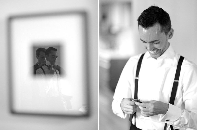 A side-by-side comparison of a blurred reflection of two young men in a mirror on the left and a smiling man in a white shirt with suspenders looking at his phone on the right.