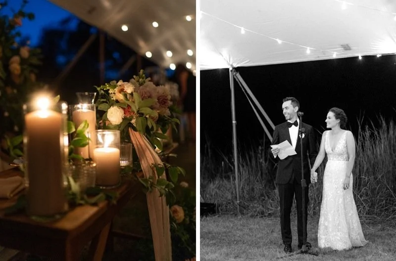 Split image showing a decorated wedding reception table with candles and flowers on the left, and a couple at their wedding ceremony under a tent on the right.