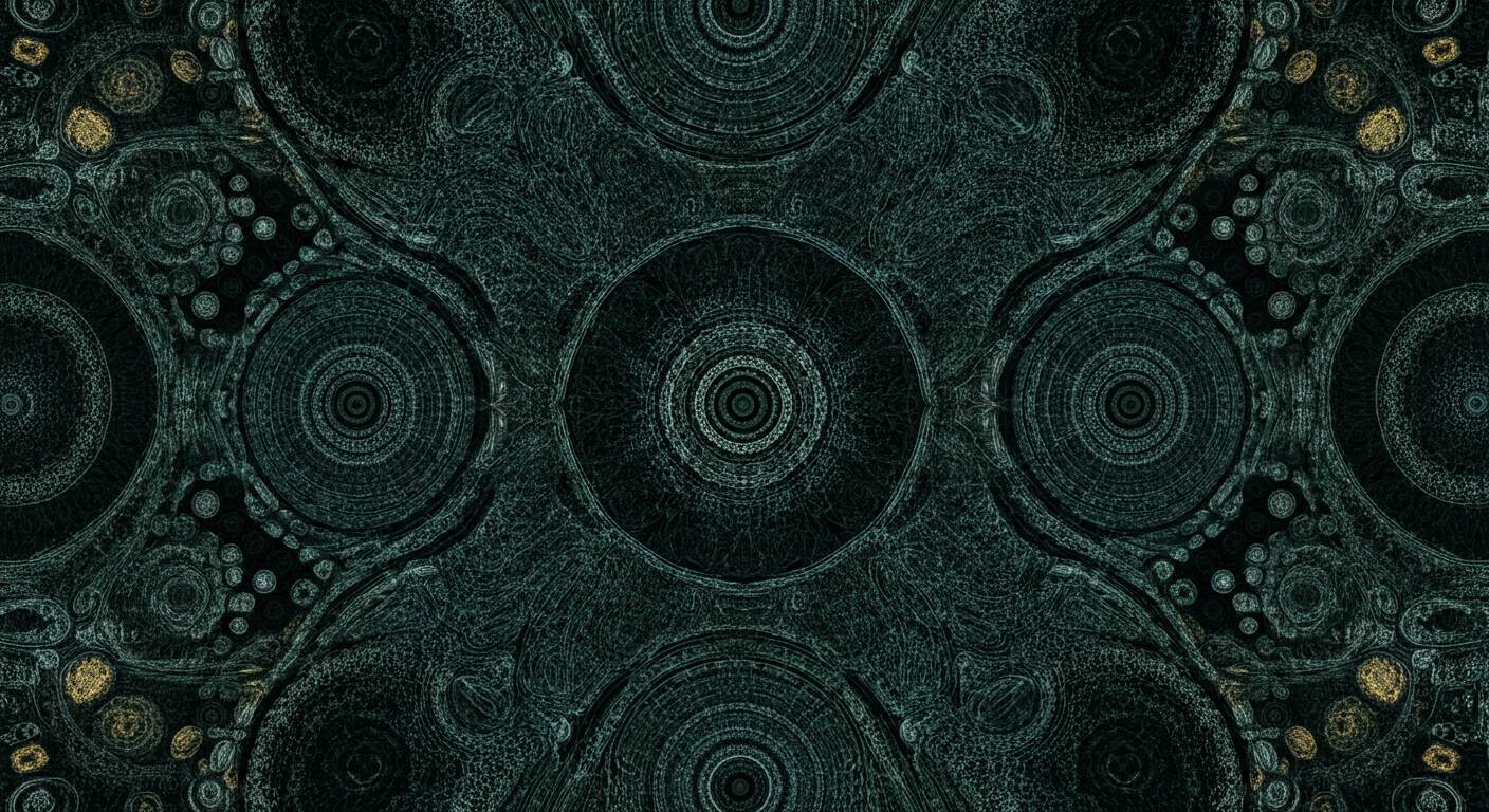 An abstract digital artwork featuring interconnected circular patterns with fine lines and dot details on a dark background.