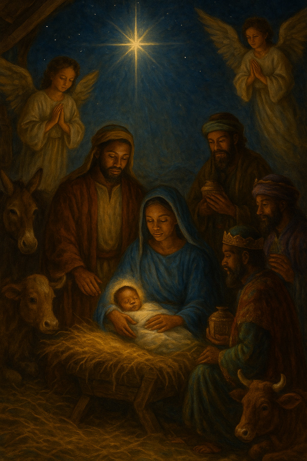 Traditional nativity scene with baby Jesus, Mary, Joseph, shepherds, wise men, angels, animals, and a bright star above.