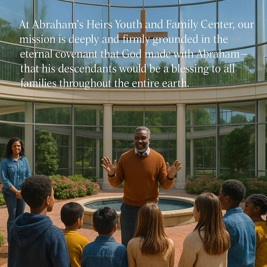 A man speaking to a group of children outside at Abraham's Heirs Youth and Family Center.