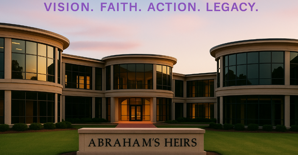 A modern, circular building with large glass windows at sunset, labeled 'Abraham's Heirs' in front, with the words 'Vision. Faith. Action. Legacy.' in purple at the top.