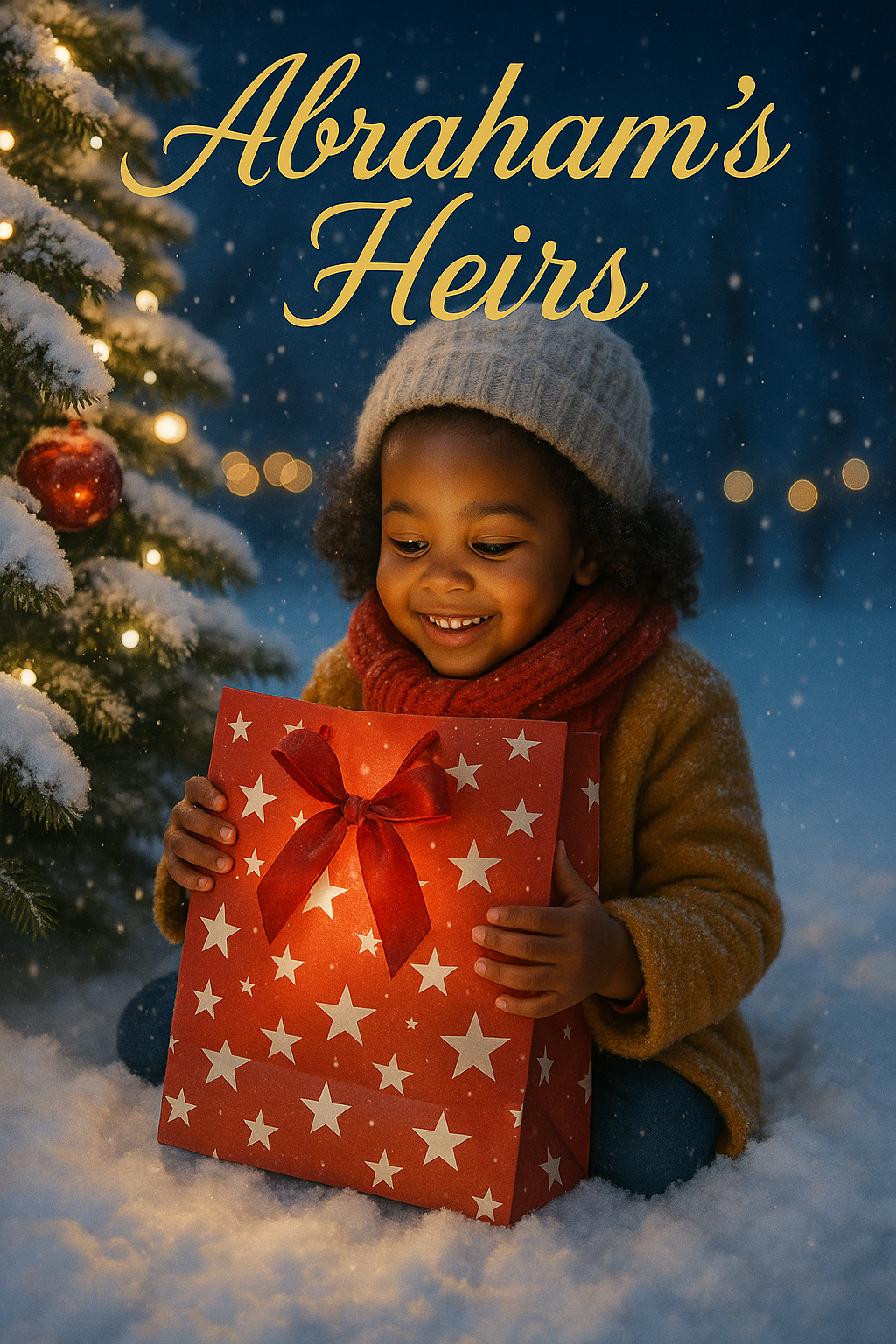 A young girl smiling and holding a red gift bag with white stars and a red bow, standing outdoors in the snow near a decorated Christmas tree, during evening or night time.