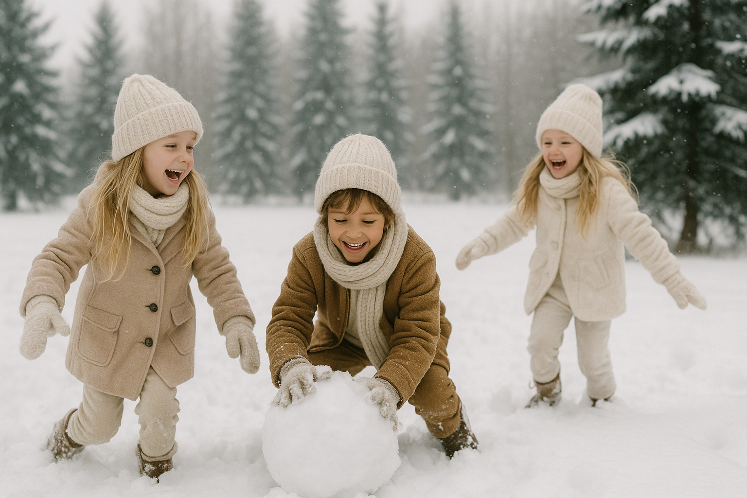 Three children, two girls and one boy, playing in the snow, building a snowball, in a snowy forest with snow-covered trees in the background.