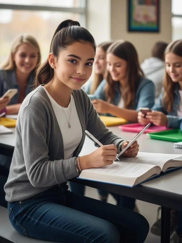 A young girl sitting at a classroom table, holding a tablet and a pen, with open books in front of her, smiling at the camera, surrounded by other students engaged with their devices.