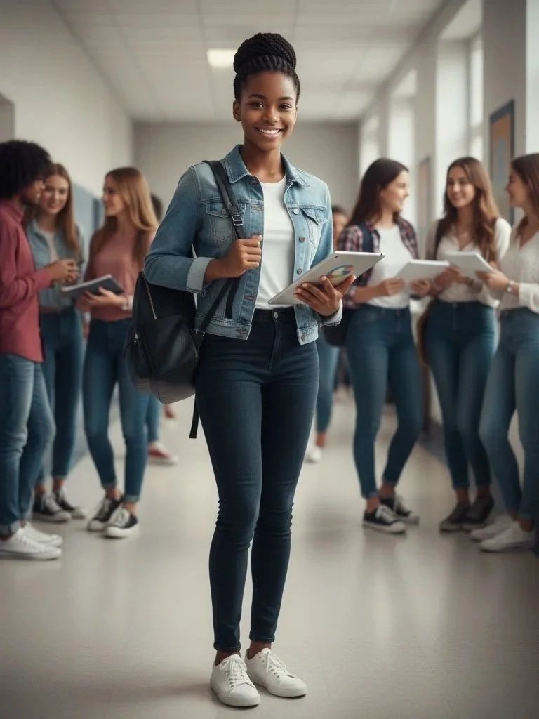 A young woman with braided hair, wearing a denim jacket, white t-shirt, dark jeans, and white sneakers, smiling while holding a tablet and carrying a backpack. She is standing in a school hallway with other students in the background, some holding tablets or books.